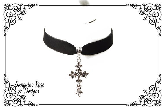 SILVER CROSS CHOKER Necklace Black Velvet Choker Filigree | Etsy