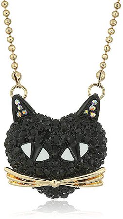 Betsey Johnson "Skeletons After Dark" Pave Cat Pendant Necklace, 16" + 3" Extender: Jewelry