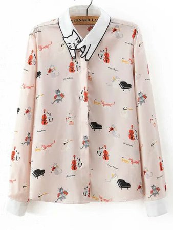 Apricot Embroidered Collar Cat Print Blouse
