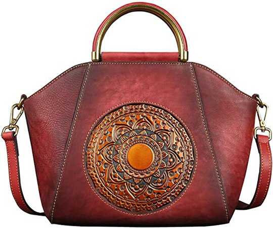 Amazon.com: Genuine Leather Handbags for Women, Organizer Top Handle Medium Satchel Vintage Handmade Embossing Mandala Design Totem Shoulder Tote Bag(Bean Paste Red): Shoes