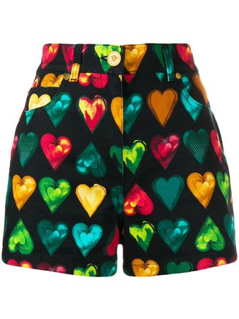 Black Versace Heart Print Denim Shorts | Farfetch.com