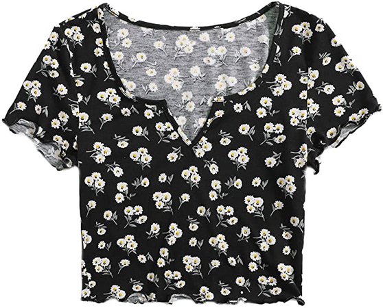SweatyRocks Women's Summer Crop Top Short Sleeve Tee T-Shirt Floral Black L at Amazon Women’s Clothing store