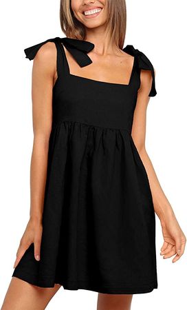 Clarisbelle Women Summer Casual Beach Mini Dress Tie Strap A-Line Sleeveless Sundress Black S at Amazon Women’s Clothing store