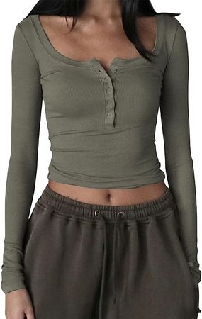 Women’s Sexy Basic Ribbed Knit Slim Fit Crop Tops Long Sleeve Square Neck Solid Tight T Shirts Y2k Going Out Cropped Fitted Under Layer Tees Teen Girls Skinny Streetwear (B Army Green Square Neck, S) at Amazon Women’s Clothing store