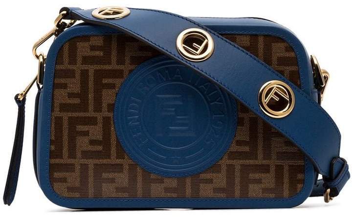 brown and blue Camera Case logo print leather cross body bag