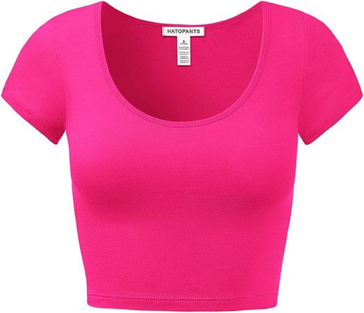 Women's Cotton Basic Scoop Neck Crop Short Sleeve Tops HOTPINK L at Amazon Women’s Clothing store