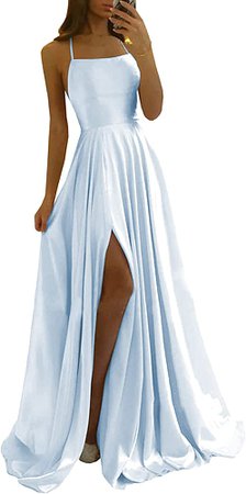 Amazon.com: POMUYOO Women's Spaghetti Strap A Line Prom Dresses Light Blue Long Slit Satin Juniros Formal Party Gown with Pockets Size 6 : Clothing, Shoes & Jewelry