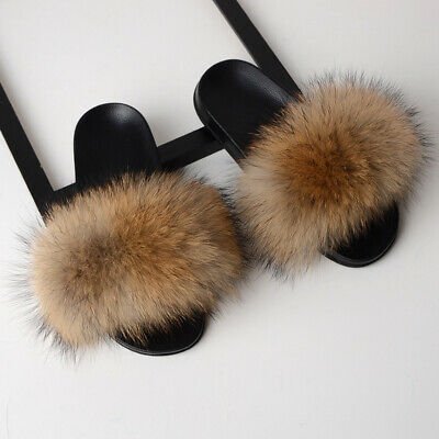 Fox Fur Slippers Shoes Women Fashion Sliders Summer Peep Sandals Flip Flops | eBay