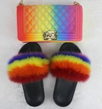 faux fur slides and matching clutch purse