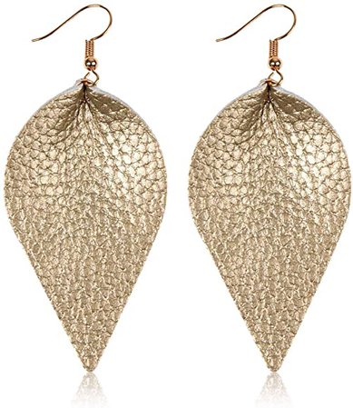 Amazon.com: Bohemian Lightweight Genuine Real Leather Geometric Drop Statement Earrings - Petal Leaf, Triple Feather, Teardrop Dangles, Scallop Disc Hoop (Leaf - Gold): Jewelry