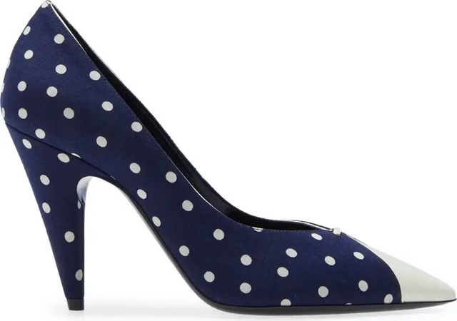 Yves Saint Laurent navy blue and white polka dot pumps