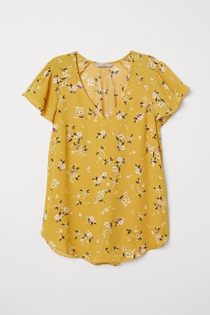 Flounce-sleeved Top - Dark yellow/floral - Ladies | H&M US