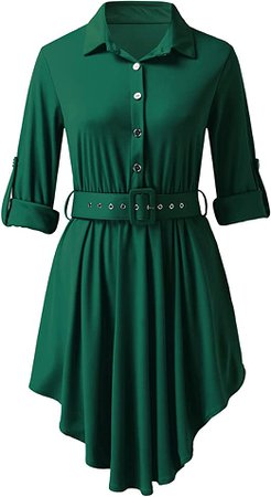 Women Long Sleeves Shirt Dress Ladies OL Work Belt Tie Button Down Dress Women Long Sleeve Green Dress at Amazon Women’s Clothing store