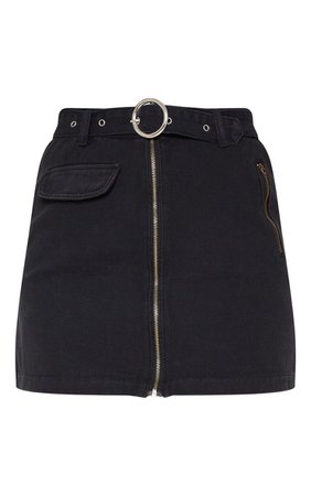 Black Zip Through Belted Denim Skirt | PrettyLittleThing