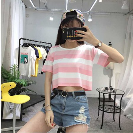 Korean Harajuku Fashion Pink and White Hit Color Striped T shirts Women Cute Girls Crop Top Sexy Casual Students T shirt Summer-in T-Shirts from Women's Clothing & Accessories on Aliexpress.com | Alibaba Group