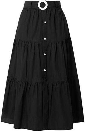 Belted Tiered Cotton-poplin Midi Skirt - Black