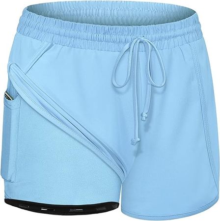 BLEVONH Sport Shorts for Women,Dual Layer Soccer Shorts with Spandex Underneath Womens Adjustable Waist Athletic Running Biking Short Moisture Wicking Active Wear Pants Blue M at Amazon Women’s Clothing store