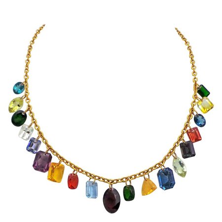 Multi-Gemstone Charm Gold Chain Necklace For Sale at 1stdibs