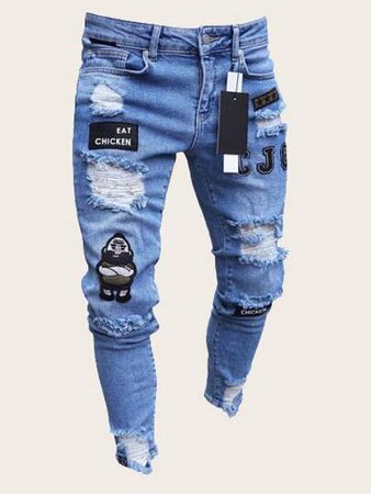 Guys Letter & Cartoon Patched Ripped Jeans | ROMWE