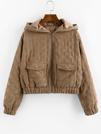 [35% OFF] 2020 ZAFUL Hooded Corduroy Quilted Pocket Zip Coat In BROWN BEAR | ZAFUL
