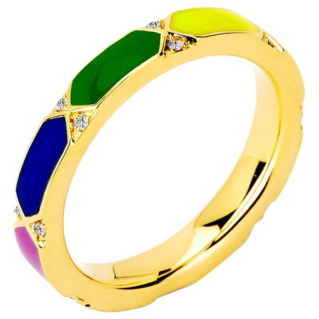 Syna Yellow Gold Rainbow Enamel Ring with Diamonds at 1stDibs