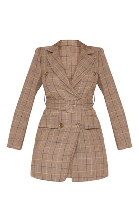 Brown Check Belted Blazer Dress | Dresses | PrettyLittleThing USA