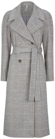 Grey Check Print Wrap Maxi Coat