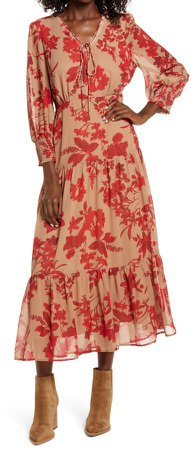 Floral Long Sleeve Tiered Midi Dress