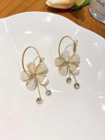 S925 Silver Rhinestone Flower Pattern Hoop Earrings In WHITE | ZAFUL 2023