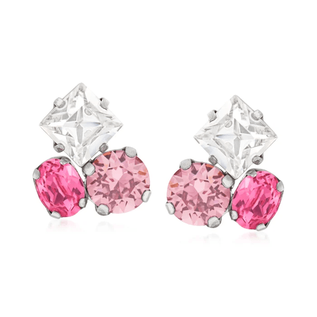 Italian Pink and White Swarovski Crystal Earrings in Sterling Silver