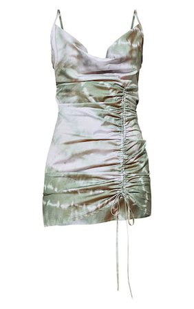 Khaki Tie Dye Cowl Ruched Front Bodycon Dress | PrettyLittleThing USA