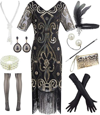 Women 1920s Gatsby Vintage Sequin Flapper Fringe Party Plus Dress with 20s Accessories Set at Amazon Women’s Clothing store