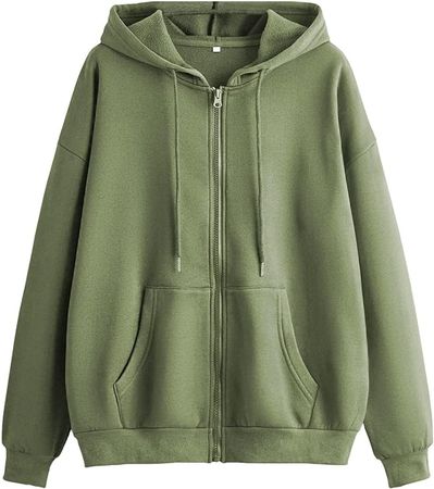 Zip Up Casual Long Sleeve Pocket Drawstring Hoodies Sweatshirt Army Green