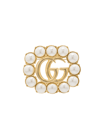 Gucci Gold Tone Logo Pearl Brooch