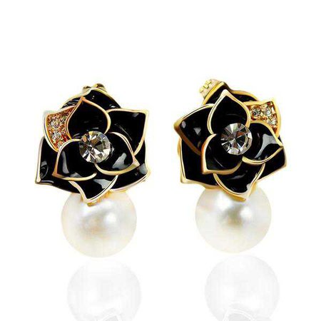 Earrings | Shop Women's Black Pearl Rose Stud Earrings at Fashiontage | 6febdbd2-0