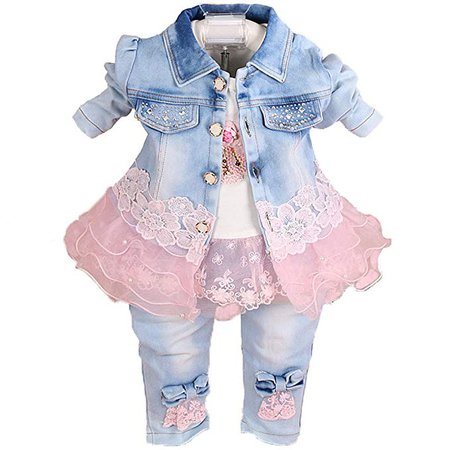 Amazon.com: Yao Baby Girls Denim Clothing Sets 3 Pieces Sets T Shirt Denim Jacket and Jeans: Clothing