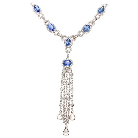 Tassel Necklace Diamond and Blue Sapphire 18 Kt White Gold For Sale at 1stDibs