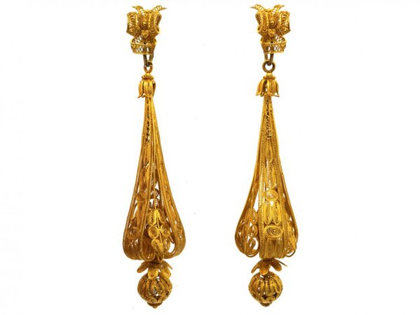 Georgian 18ct Gold Long Drop Earrings - The Antique Jewellery Company