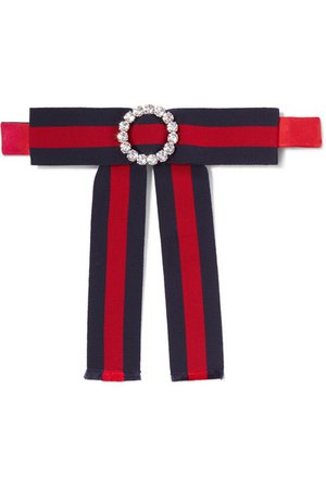 Gucci | Crystal-embellished striped grosgrain and silk-satin pussy-bow collar | NET-A-PORTER.COM