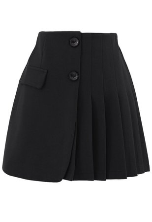 Buttoned Flap Pleated Mini Skirt in Black - Retro, Indie and Unique Fashion