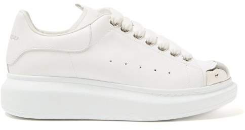 Raised Sole Low Top Leather Trainers - Womens - White Silver