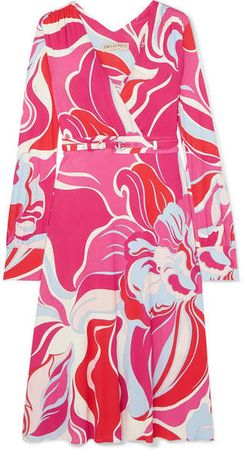 Belted Printed Wrap-effect Stretch-jersey Dress - Pink