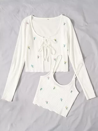 Floral Embroidery Rib-knit Cami Top & Cardigan | SHEIN USA white