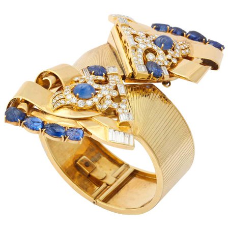 1930s E.M. Gattle and Co. Sapphire Diamond Gold Bracelet and Clips For Sale at 1stDibs