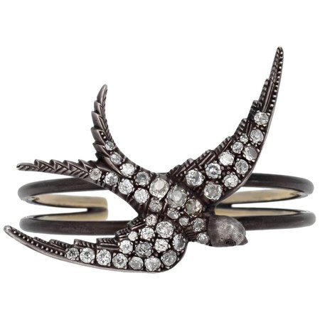 Antique Diamond Silver and Gold Swallow Cuff Bracelet For Sale at 1stdibs