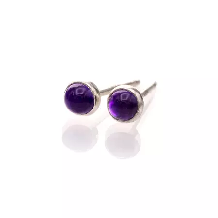 Tiny Purple Amethyst Cabochon Stud Earrings in Sterling Silver, Ready