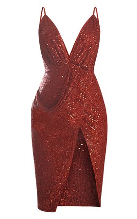 Burgundy Sequin Drape Midi Dress | Dresses | PrettyLittleThing USA