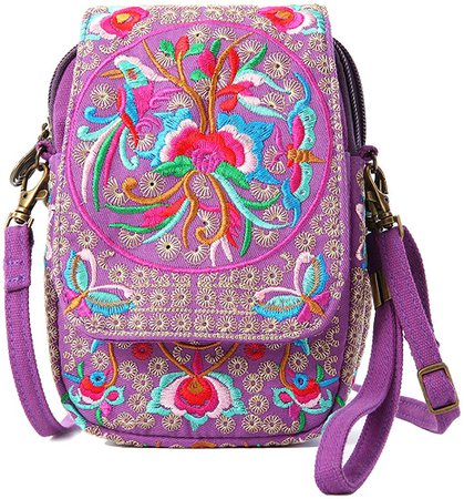 Embroidered Flap Small Canvas Cross-body Bag Cell-phone Purse for Women Mini Shoulder Bag Handbag Travel Wallet Bag (Purple + Flower): Handbags: Amazon.com