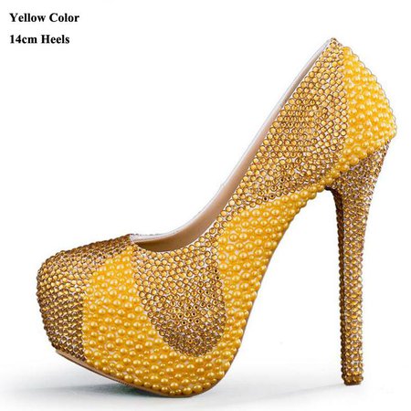 New Yellow Wedding Shoes with Pearl and Gold Rhinestone Handmade Sparkling Women Pumps Bridal Dress Shoes