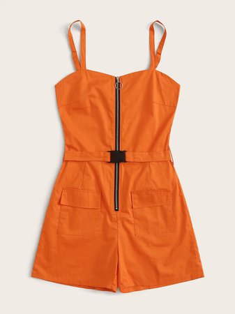 Neon Orange Zip Detail Belted Cami Romper - SHEIN